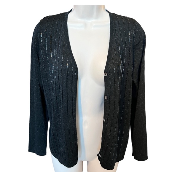C'est City silk metallic beaded sweater set V cardigan over tank black knit - Picture 5 of 14